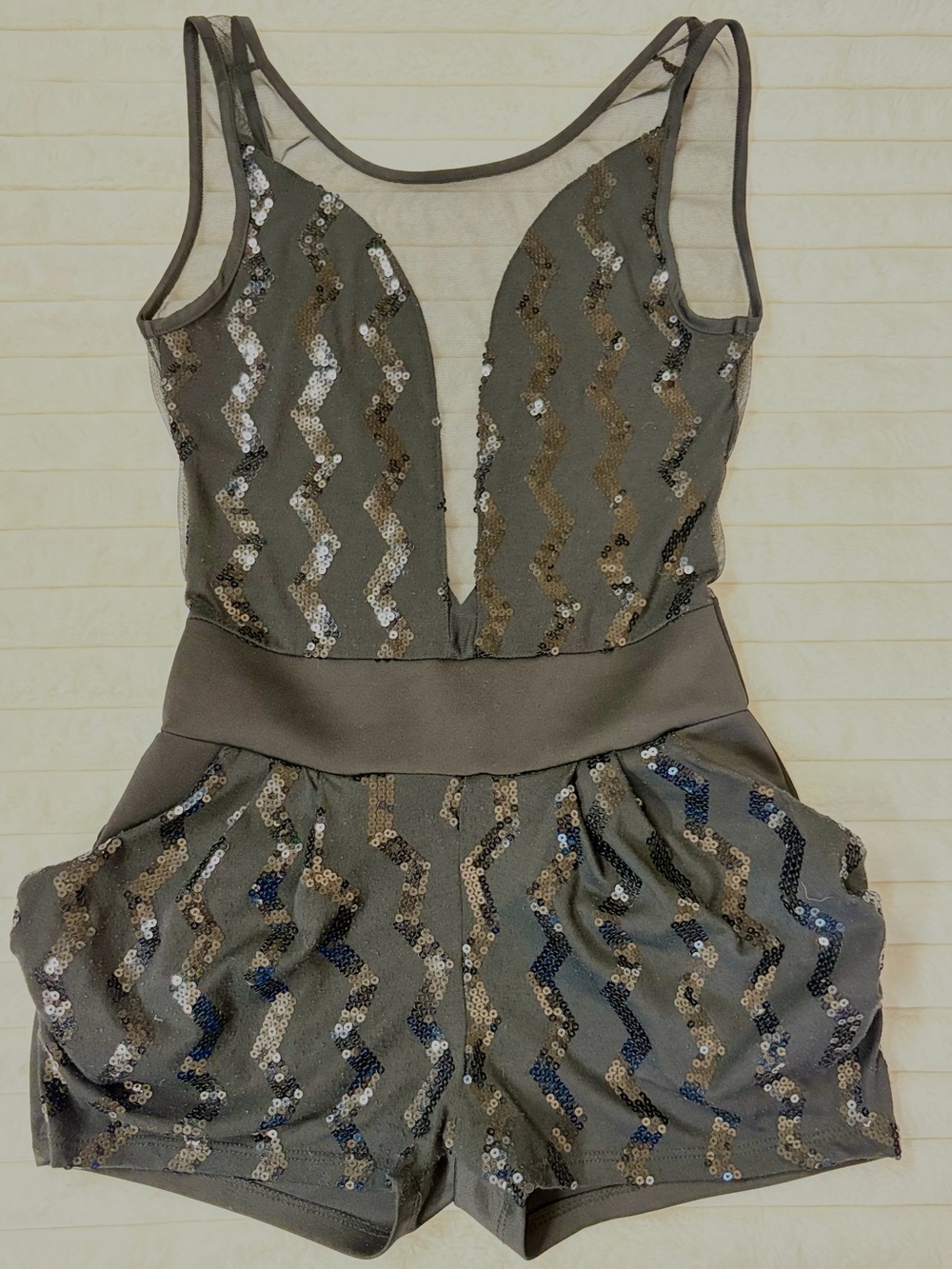 Sequin Chevron Sleeveless Romper Deep V Mesh Dressy Party